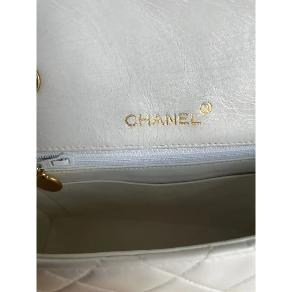 Chanel Diana Small White Leather Flap Bag w/ Gold Shoulder Chain CC Vintage